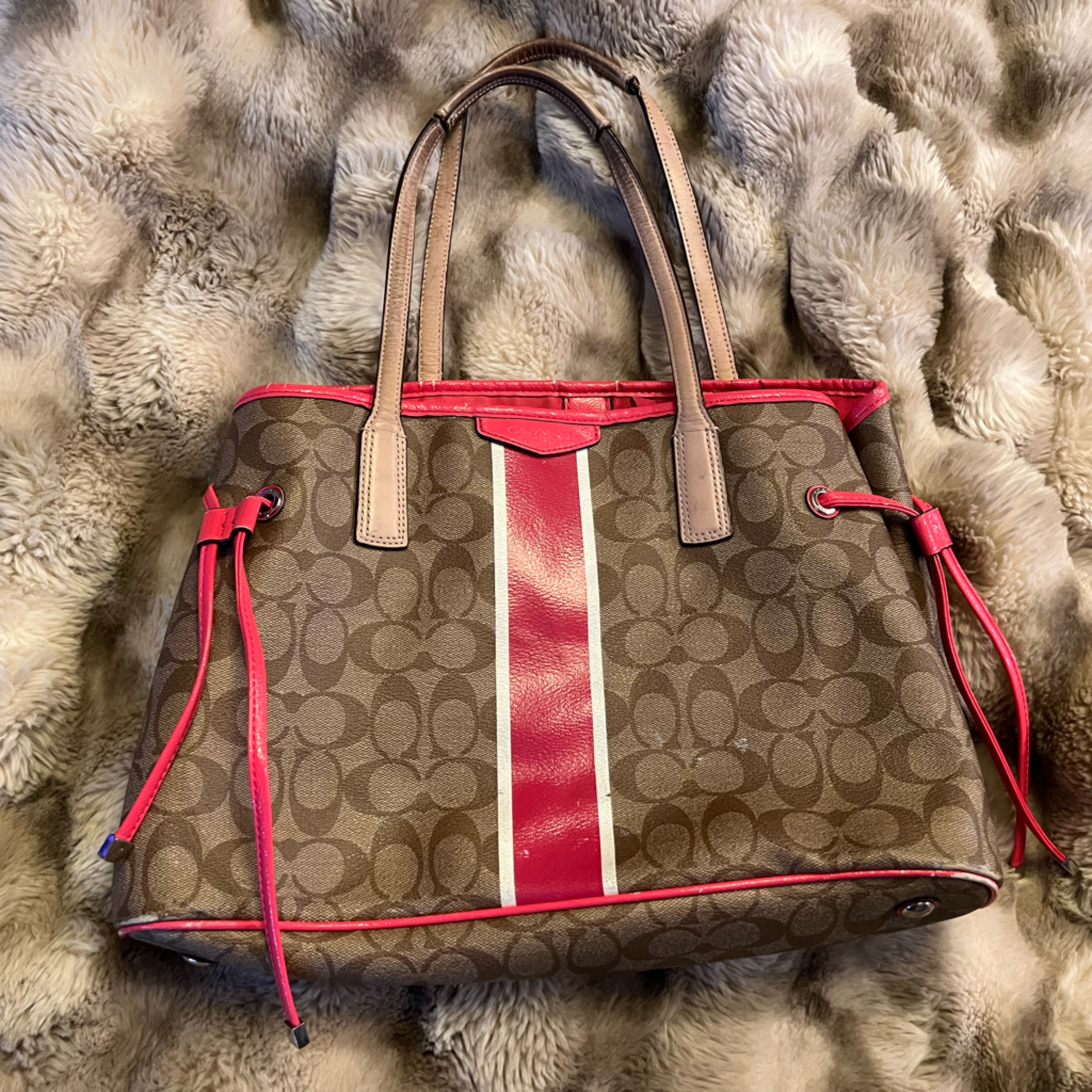 Coach Signature Stripe Drawstring Carryall Handbag (Retail $358)